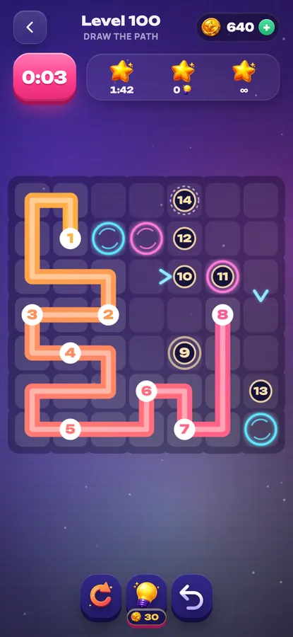 Zip Path: level 100, a seven by seven board with numbers, portals and one-way arrows