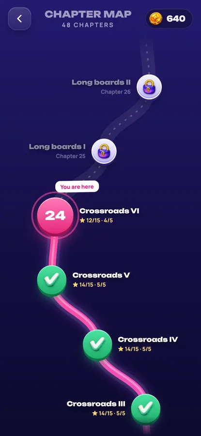 Zip Path: the chapter map with completed levels and stars