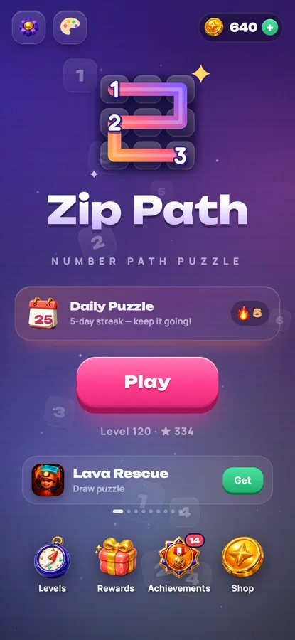 Zip Path: the main menu with the daily puzzle and the winning streak