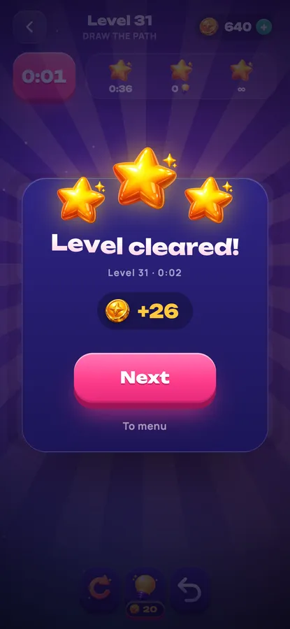 Zip Path: the level complete screen with three stars and a coin reward
